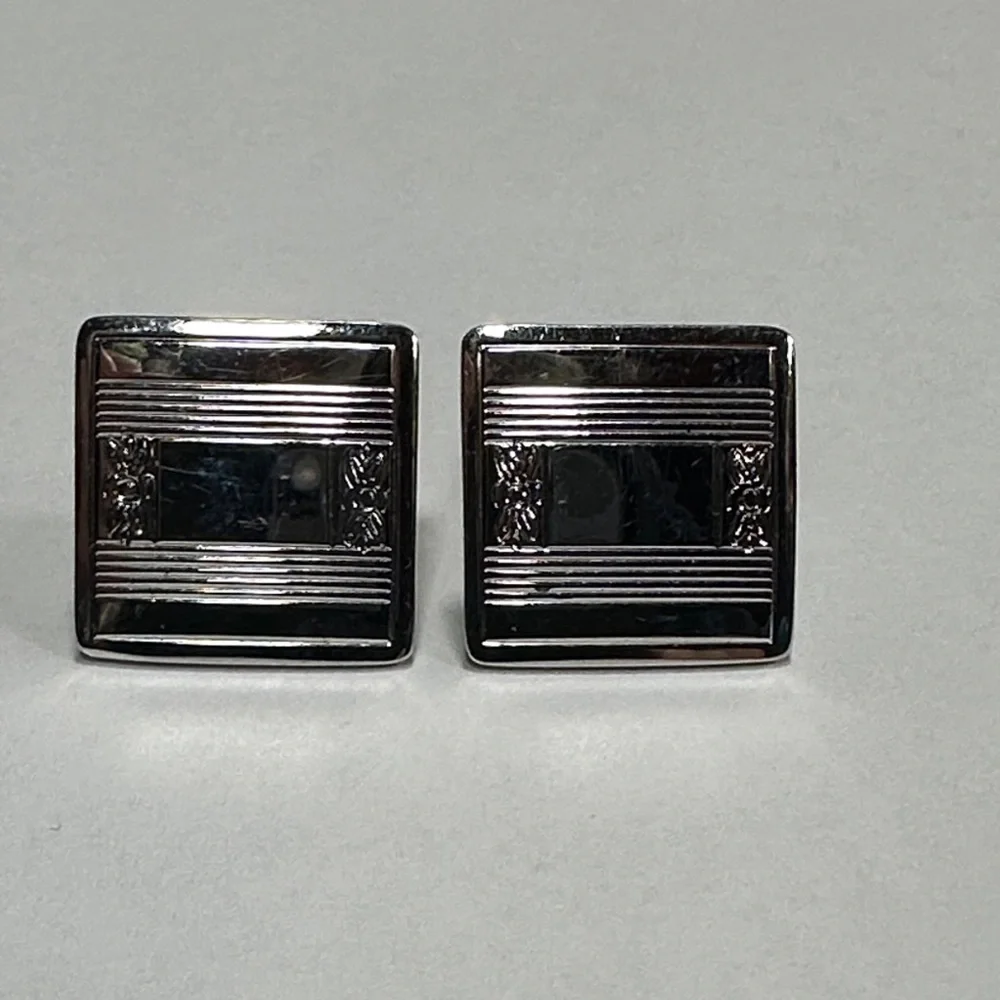 Sterling Silver MCM Square Cufflinks Set floral stripes (SS on front only)